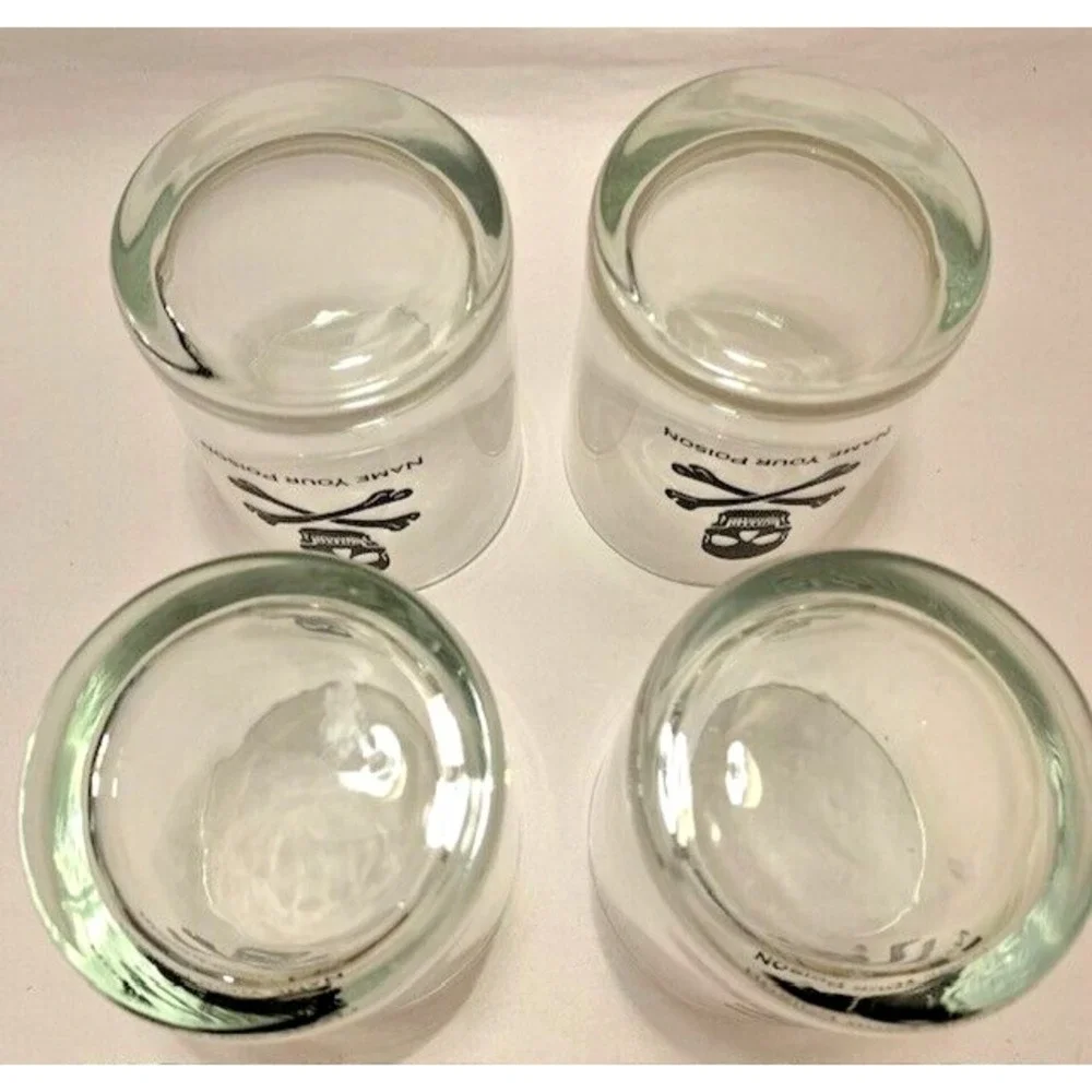 Halloween Skull Crossbones Name Your Poison Rocks Glass VTG MCM Glasses Set 4PC